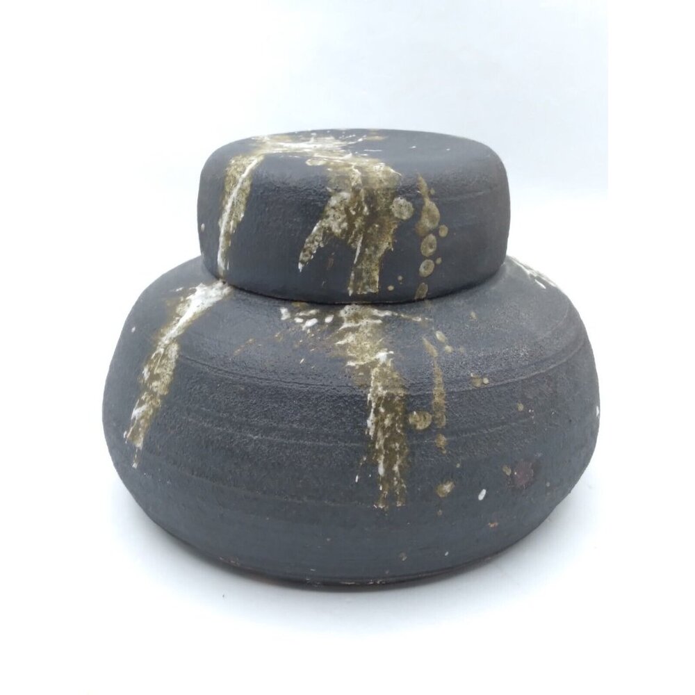 Modernist Studio Pottery Splatter Paint On faux lidded Vase signed Abrams? '73